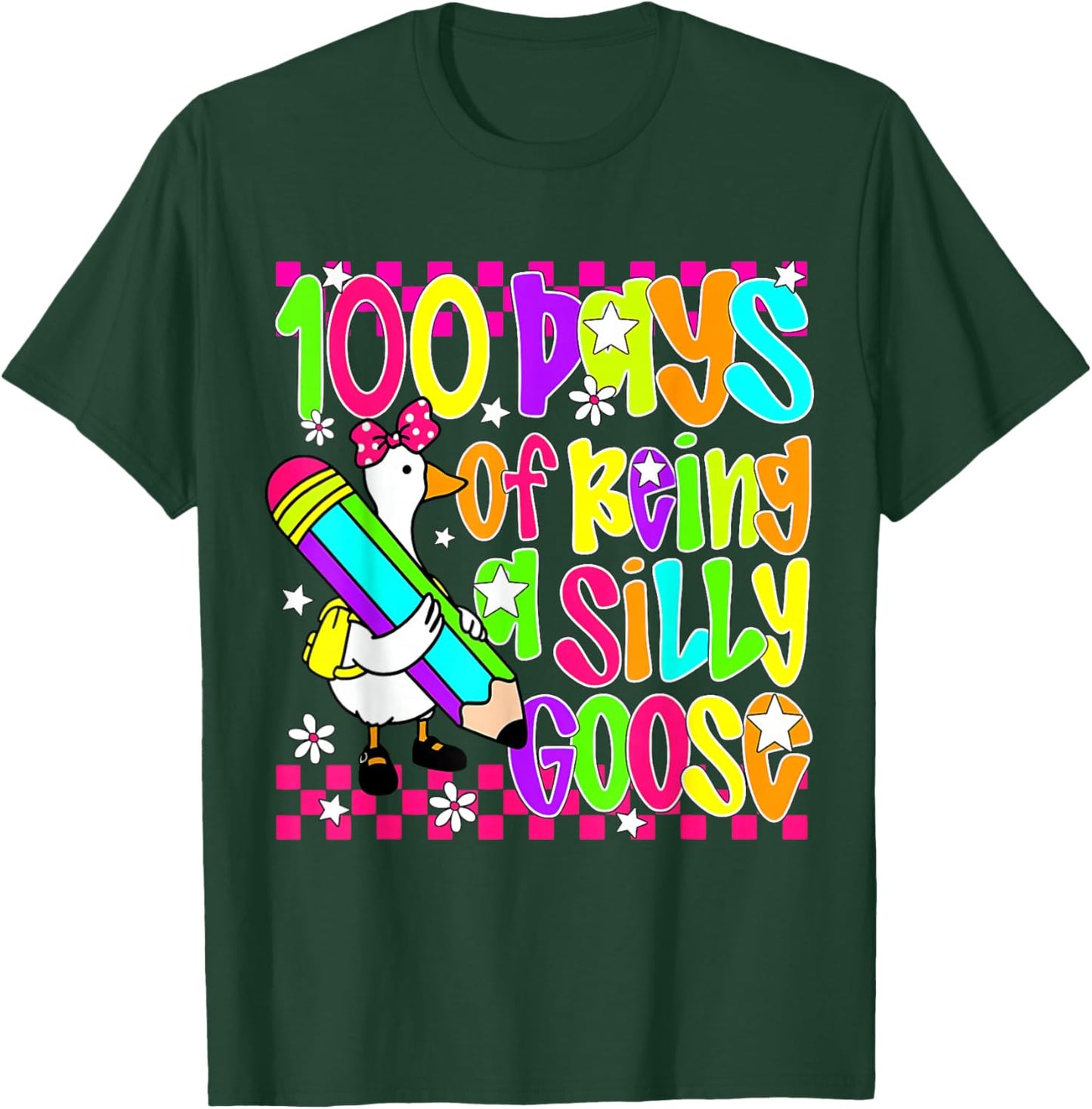 Floral Checkered 100 Days of Being A Silly School Goose T-Shirt - T-Shirt | Forest