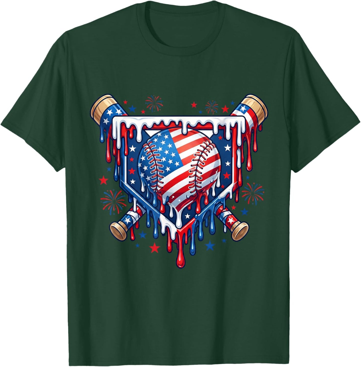 Baseball Flag Drip for Boys Kid Youth Gen Alpha Softball Fan T-Shirt - T-Shirt | Forest