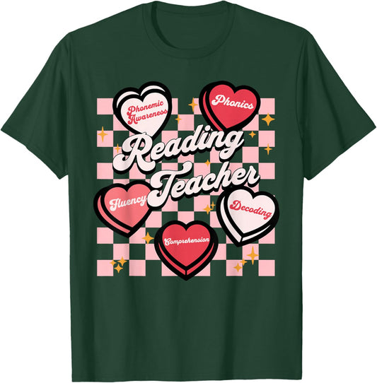 Retro Reading Teacher Candy Heart Valentines Literacy Coach T-Shirt - T-Shirt | Forest
