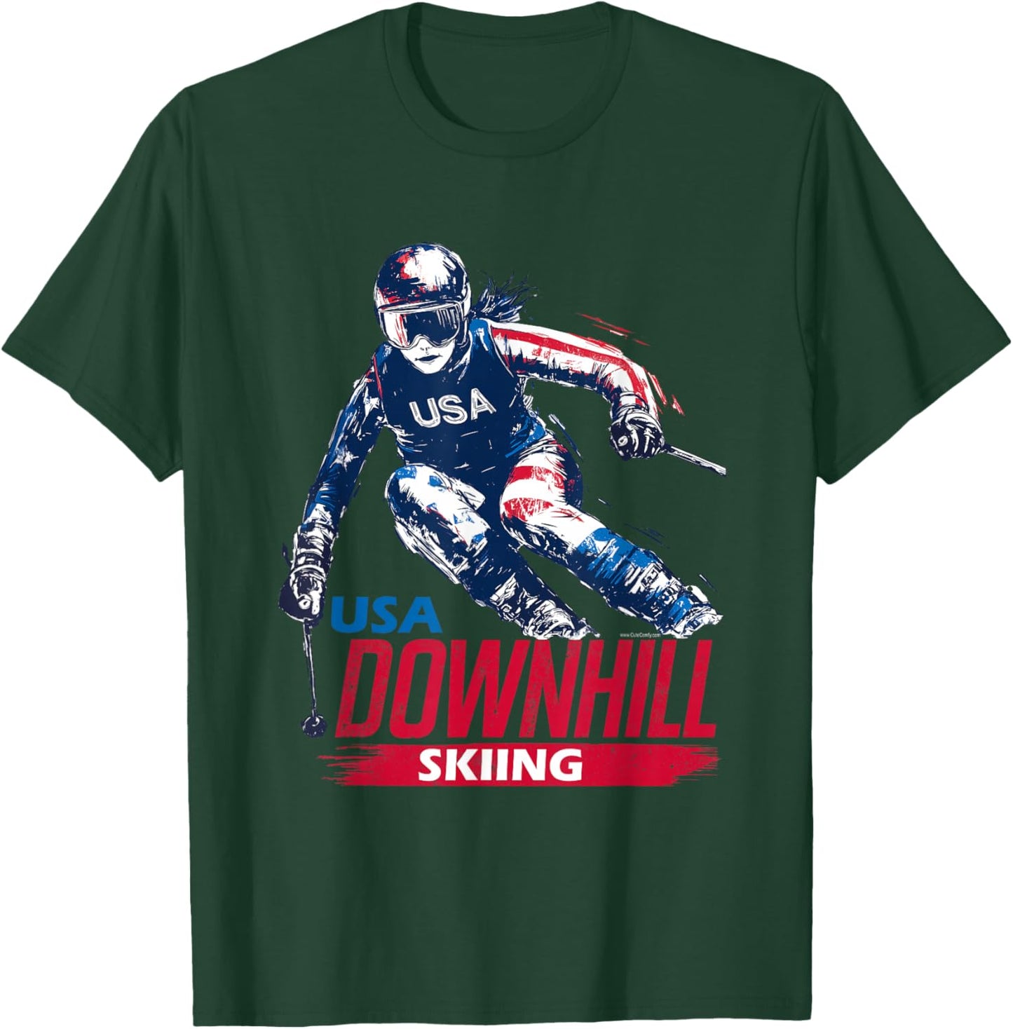 Downhill Skiing Patriotic USA Winter Team Ski Sports Graphic T-Shirt - T-Shirt | Forest