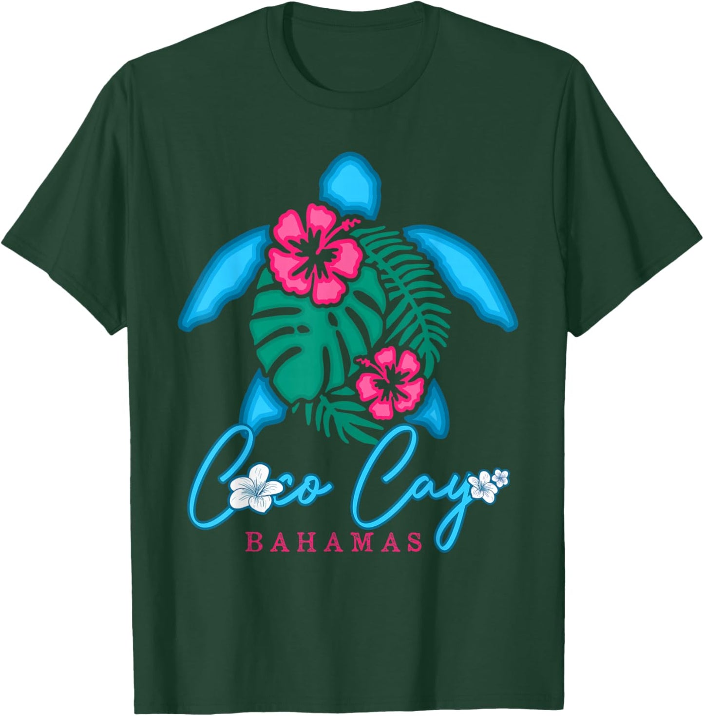 Coco Cay Bahamas Sea Turtle Hibiscus Tropical Ocean Blue T-Shirt - T-Shirt | Forest