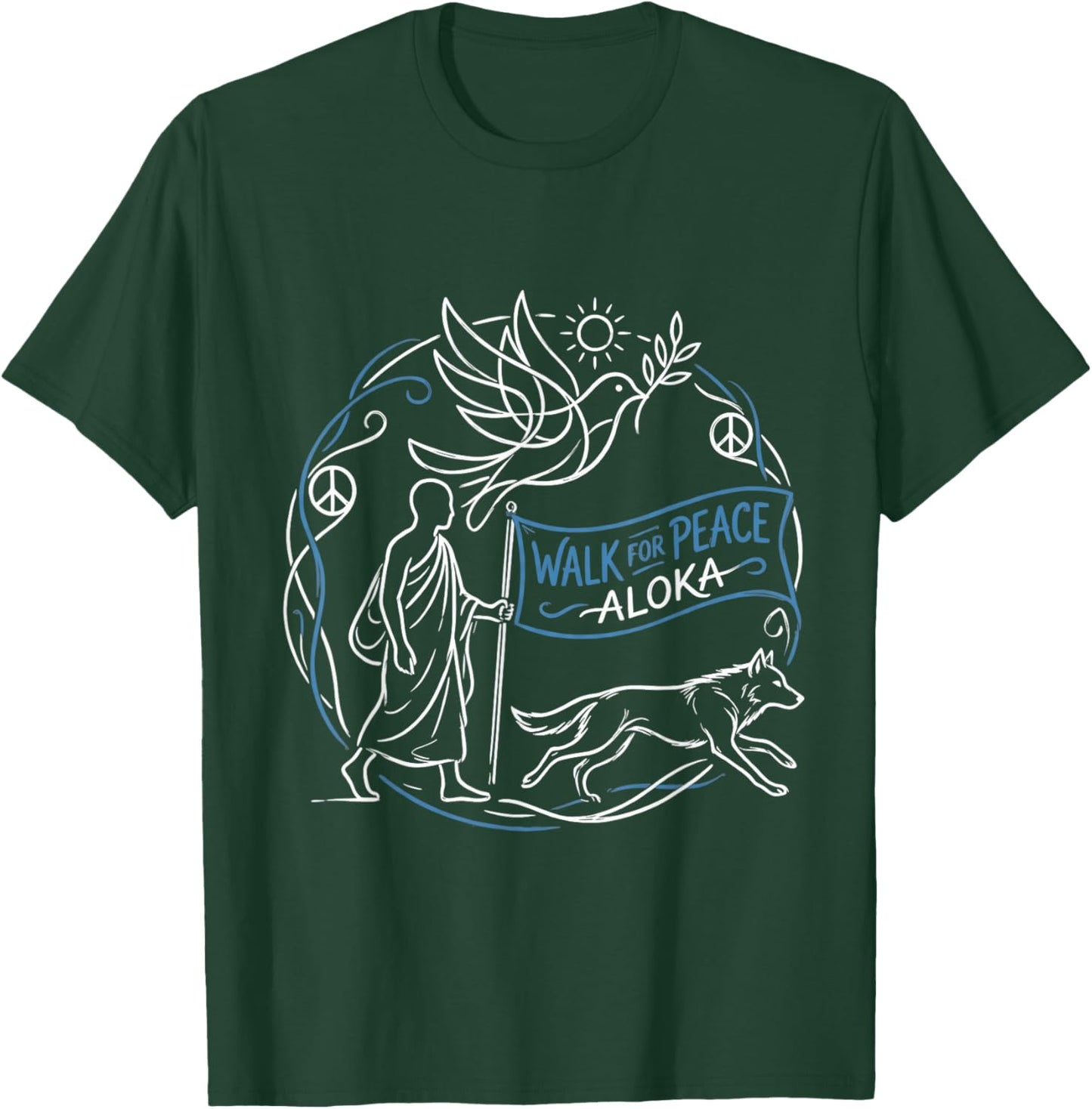 Buddhist Monk Walk for Peace Aloka Line Art Dove T-Shirt - T-Shirt | Forest