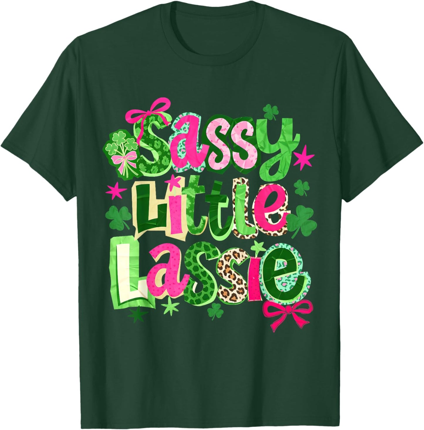 St Patricks Day Sassy Little Lassie Kids Girls Bow Shamrock T-Shirt - T-Shirt | Forest