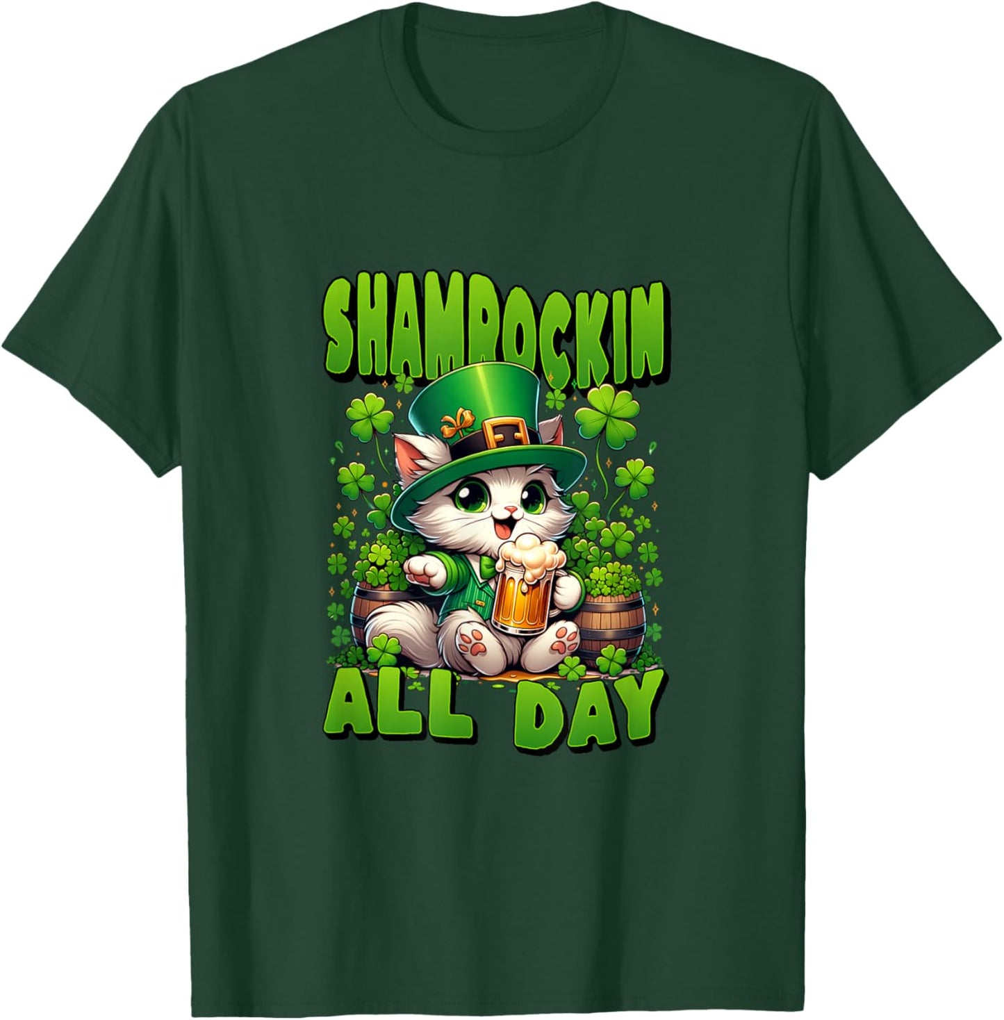 St Patrick's Day Shamrockin All Day. Cute Cat in Green Hat T-Shirt - T-Shirt | Forest