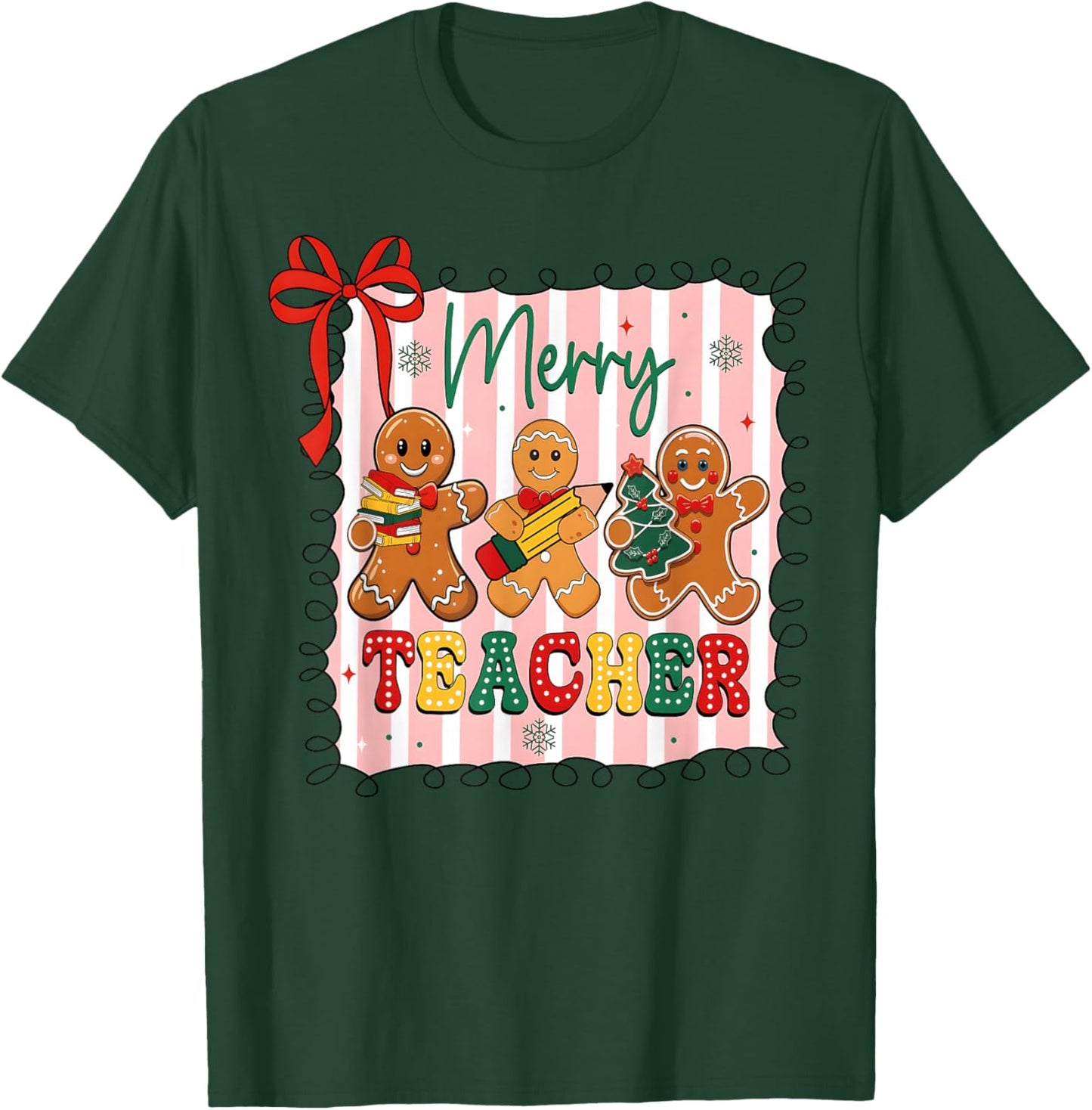 Christmas Preppy Gingerbread Coquette Bow Merry Teacher T-Shirt - T-Shirt | Forest