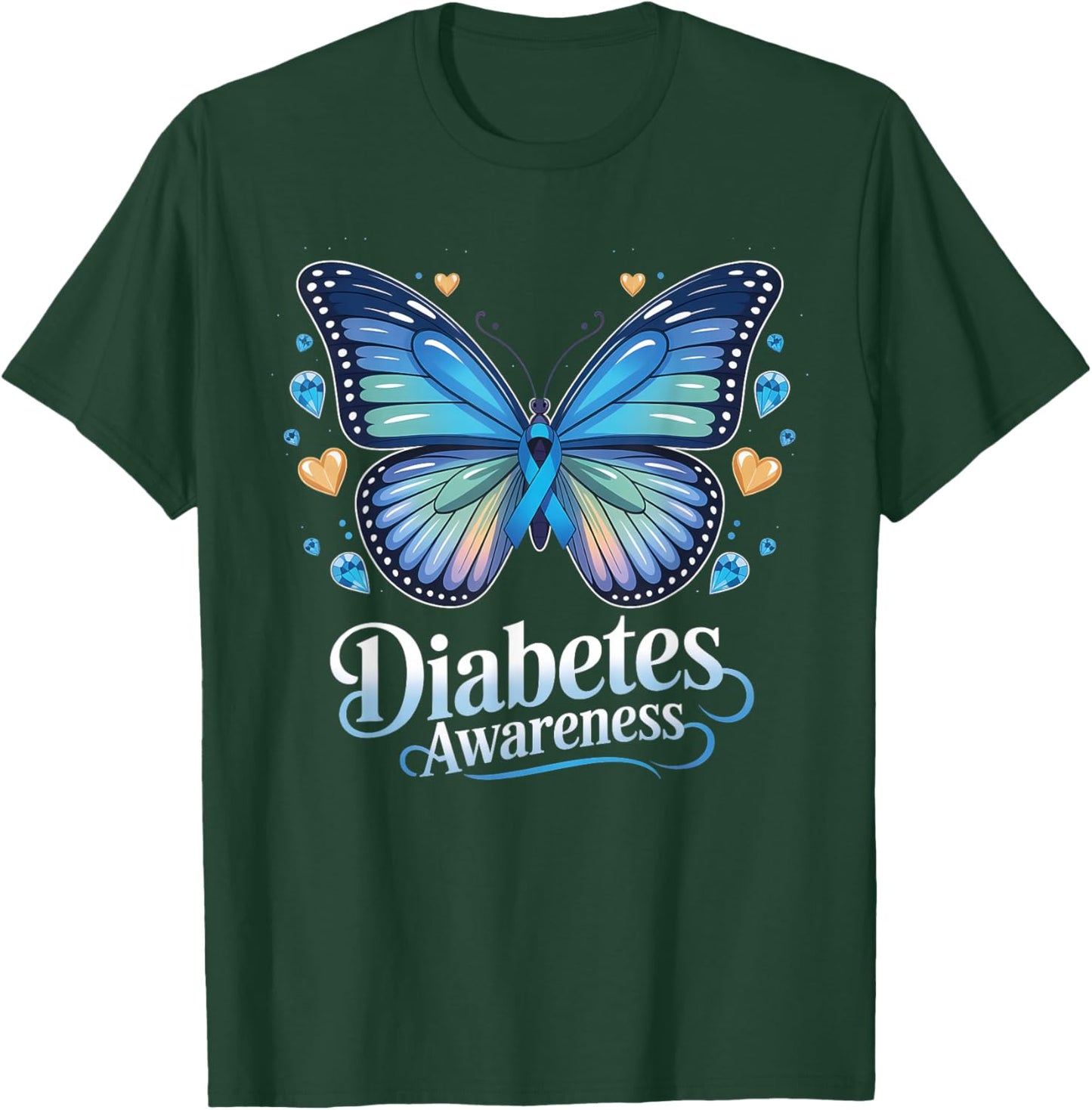 Diabetes Awareness Butterfly Blue Ribbon T1D T-Shirt - T-Shirt | Forest