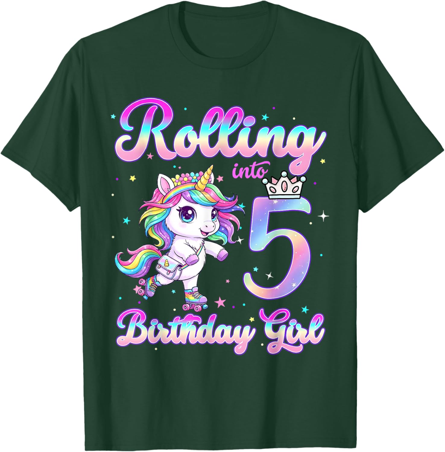 Kids Rolling Into 5 Roller Skating 5th Birthday Unicorn Girl T-Shirt - T-Shirt | Forest