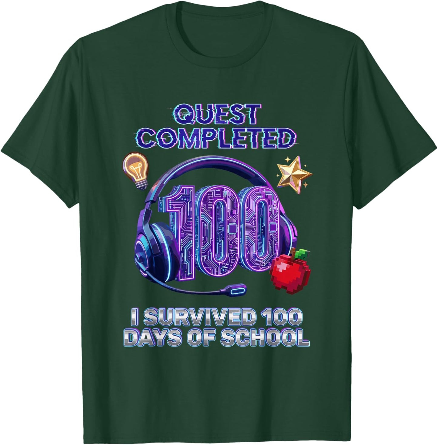 100th Days of School Cool Gaming Quest Completed Gamer Aura T-Shirt - T-Shirt | Forest