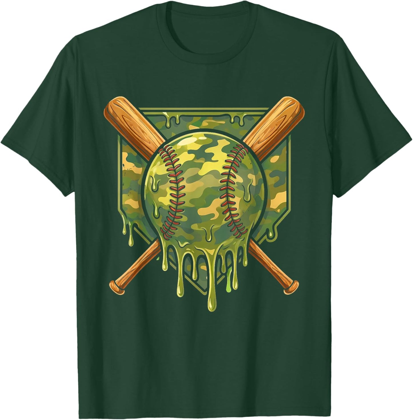 Baseball Drip for Boys Ice Cream Dripping Boys Baseball Camo T-Shirt - T-Shirt | Forest