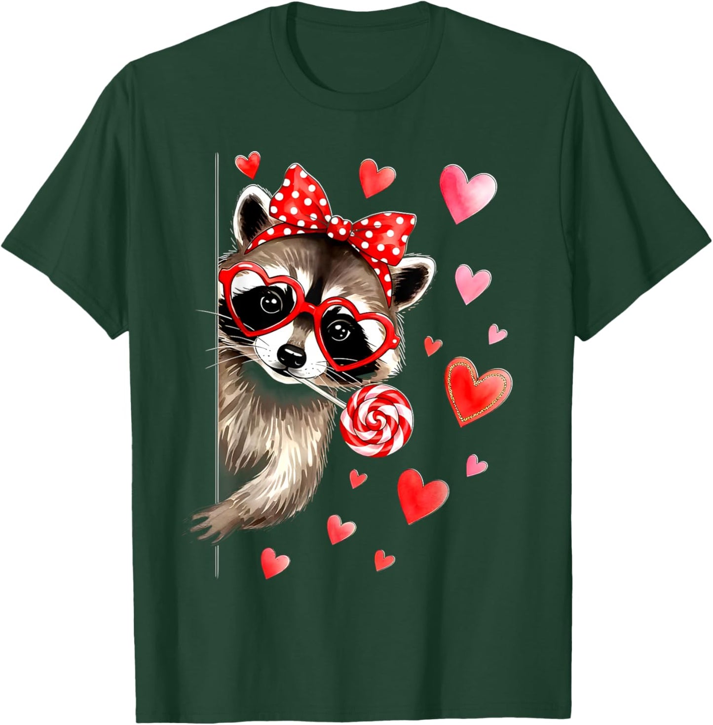Cute Lollipop Raccoon Valentines Red Hearts Men Women Kid T-Shirt - T-Shirt | Forest