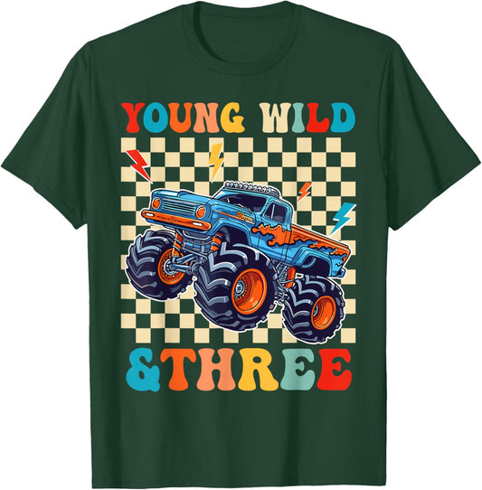 Kids 3rd Birthday Monster Truck Young Wild and Three T-Shirt - T-Shirt | Forest