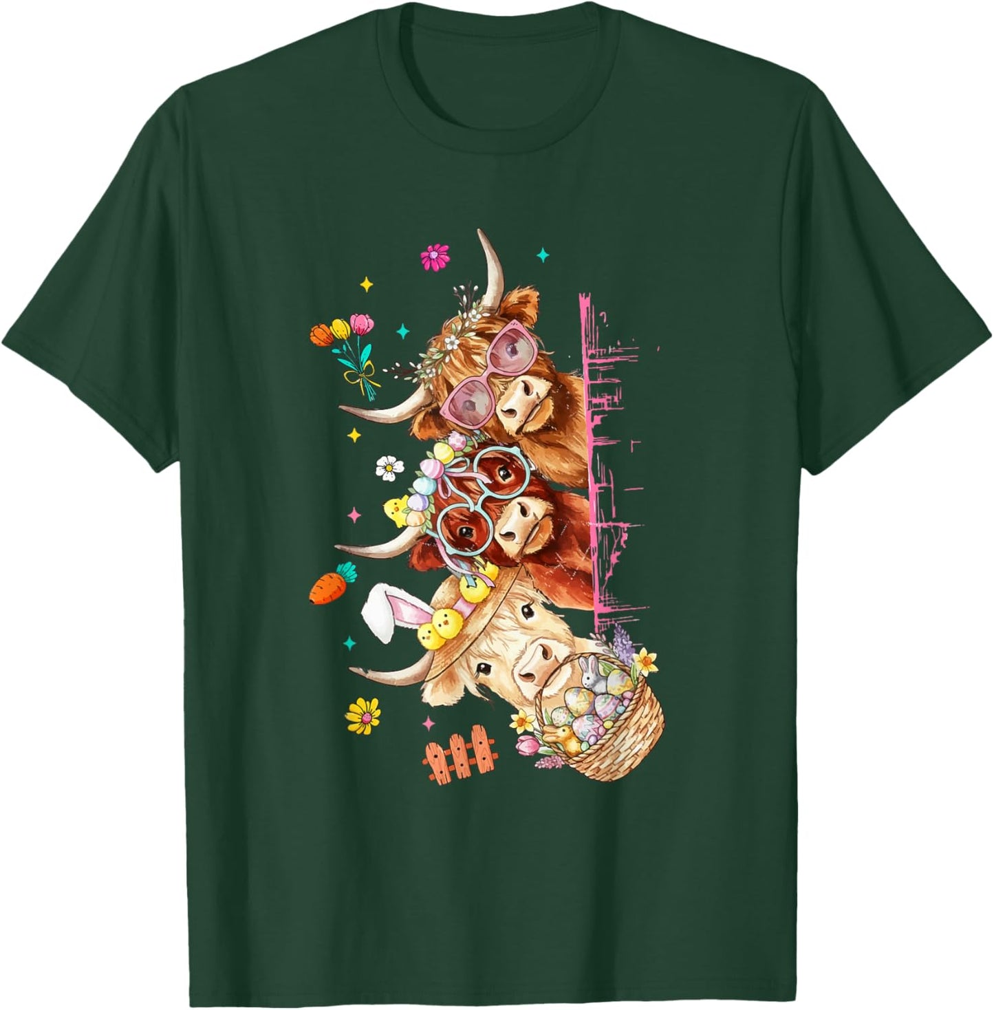 Retro Cute Bunny Easter Day Highland Cow Lover Spring Season T-Shirt - T-Shirt | Forest