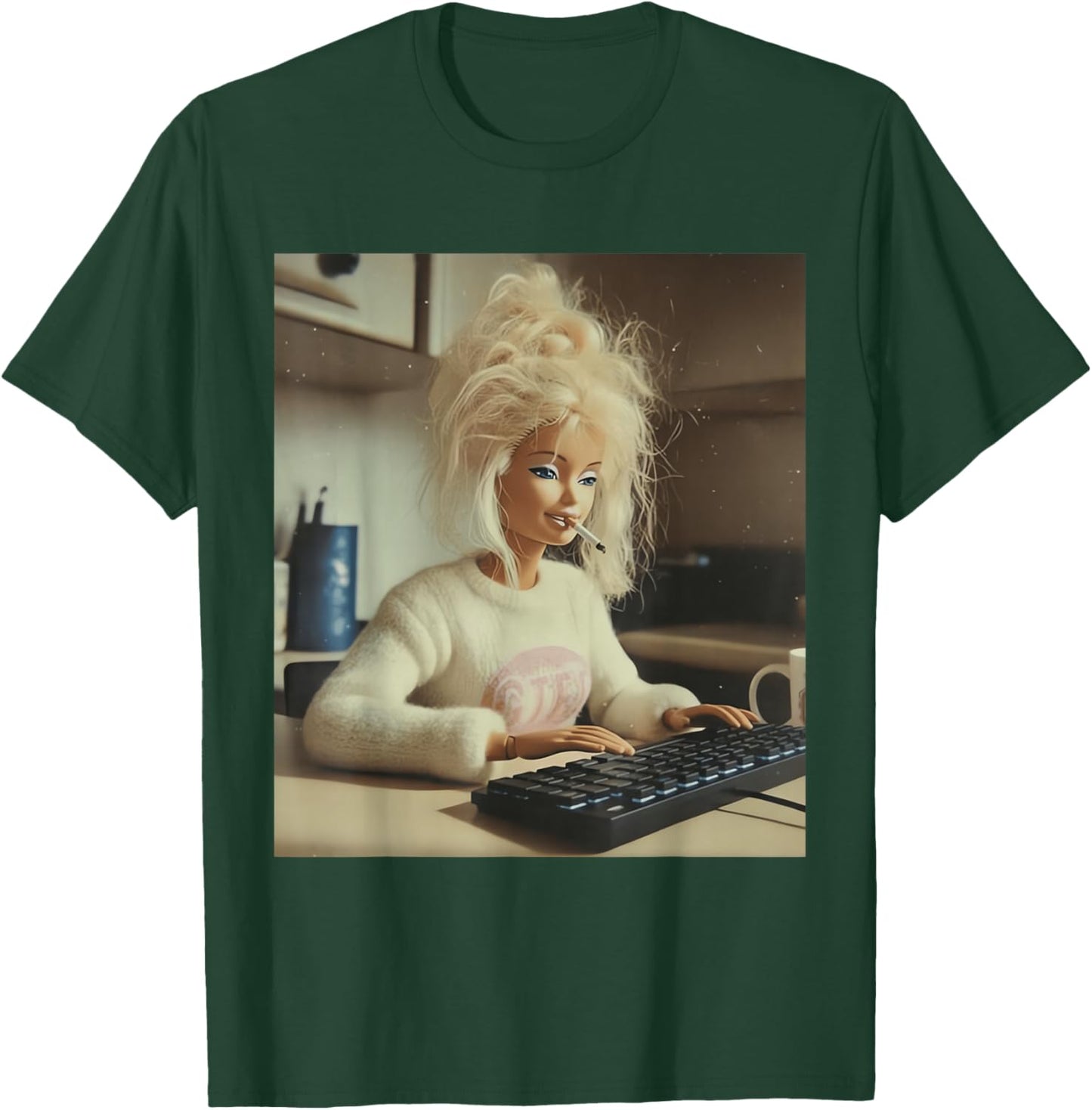 Funny Doll Face Working and Smoking Distressed Meme T-Shirt - T-Shirt | Forest