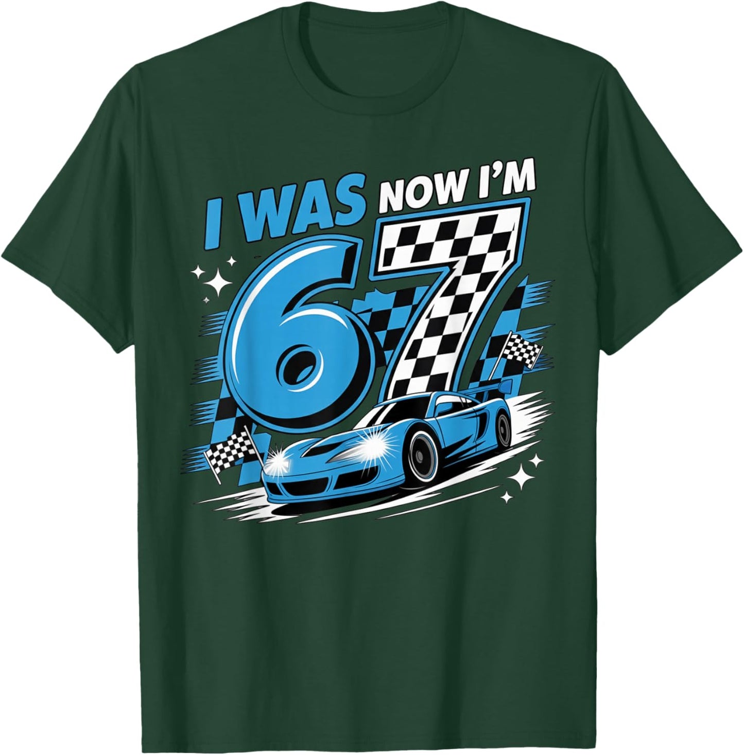Blue Checkered Car Race I was 6 Now I'm 7 Birthday Boy Bday T-Shirt - T-Shirt | Forest