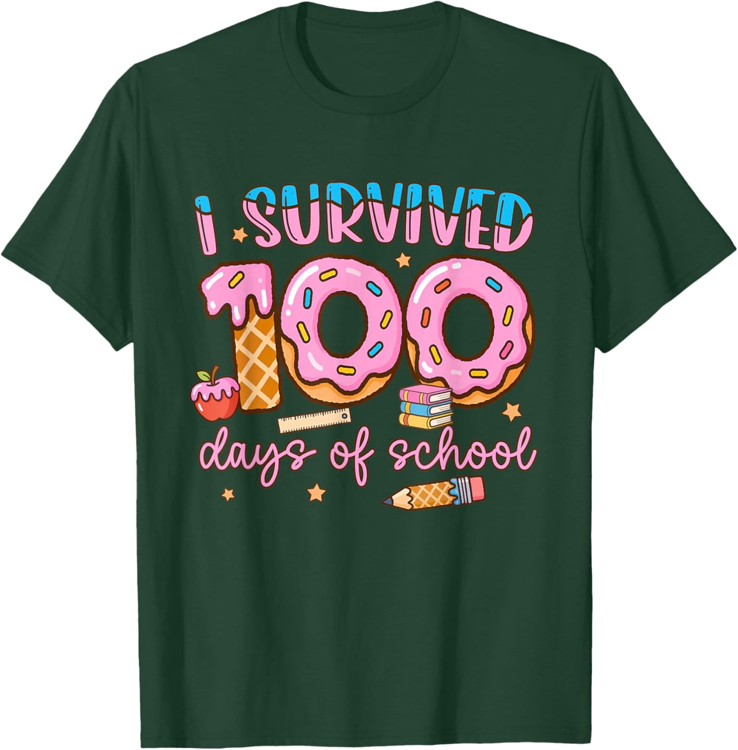 I Survived 100 Days of School Sprinkled Donuts Teacher Kid T-Shirt - T-Shirt | Forest
