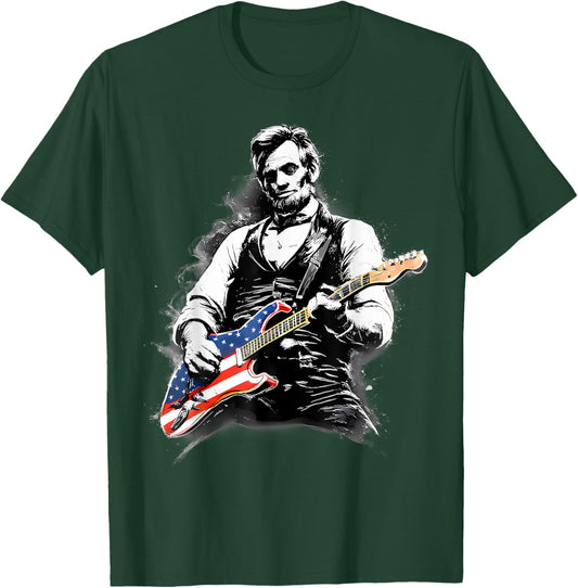250th Anniversary US 4th July Abraham Lincoln Playing Guitar T-Shirt - T-Shirt | Forest