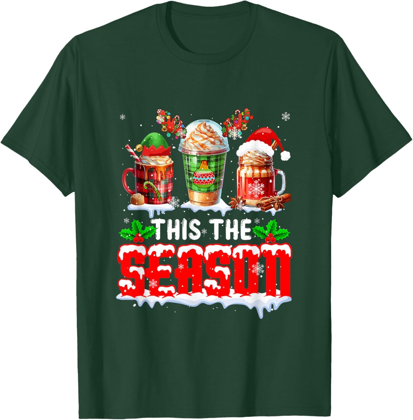 The Season Christmas Three Santa Reindeer Elf Coffee Cups T-Shirt - T-Shirt | Forest
