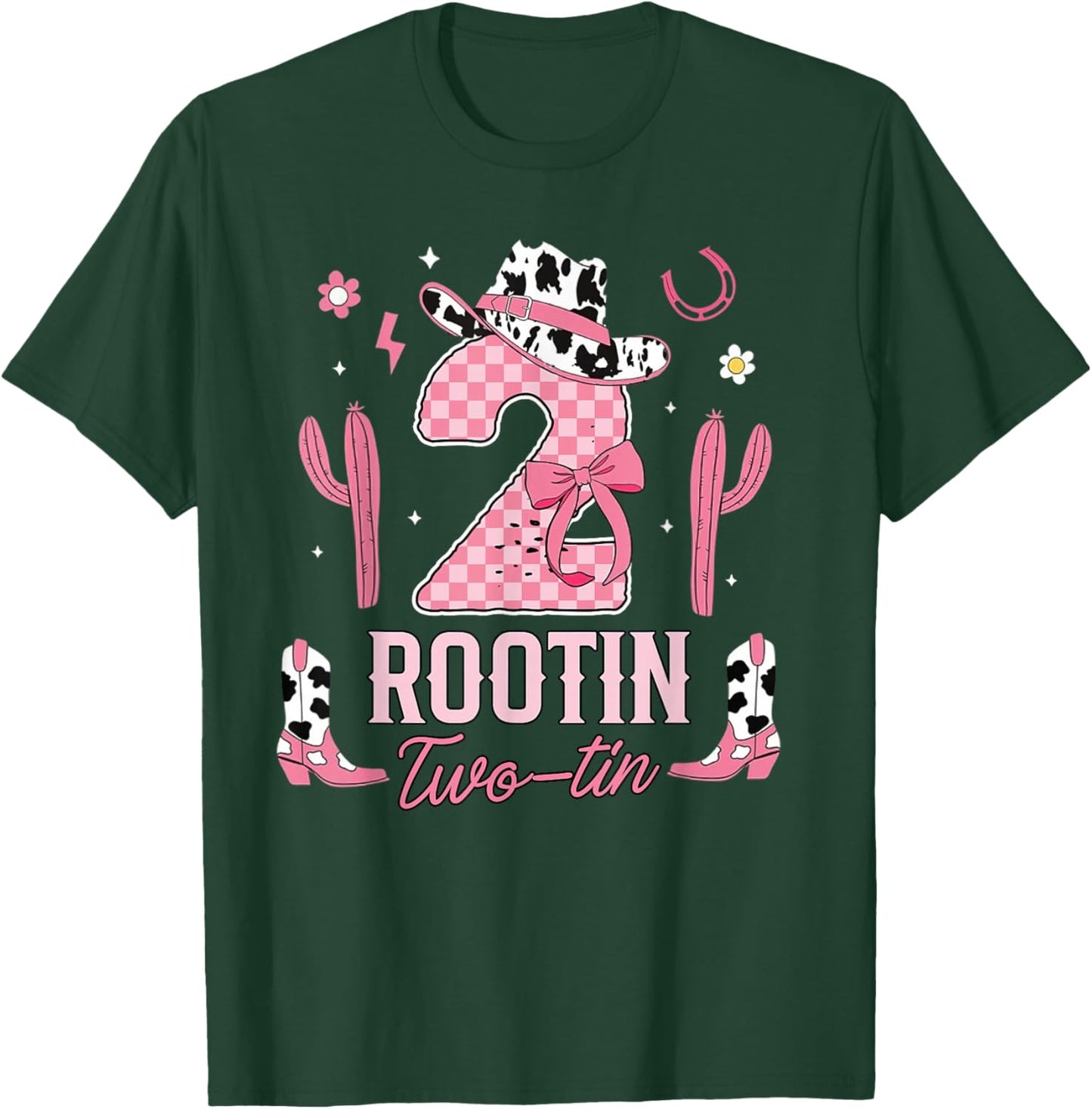 Rootin Two-tin Cowgirl Coquette Pink Bow 2nd Birthday Girl T-Shirt - T-Shirt | Forest