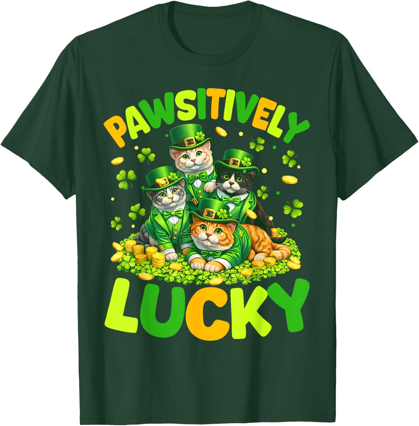 Pawsitively Lucky Cats St Patricks Day Cat Lover Women Kids T-Shirt - T-Shirt | Forest