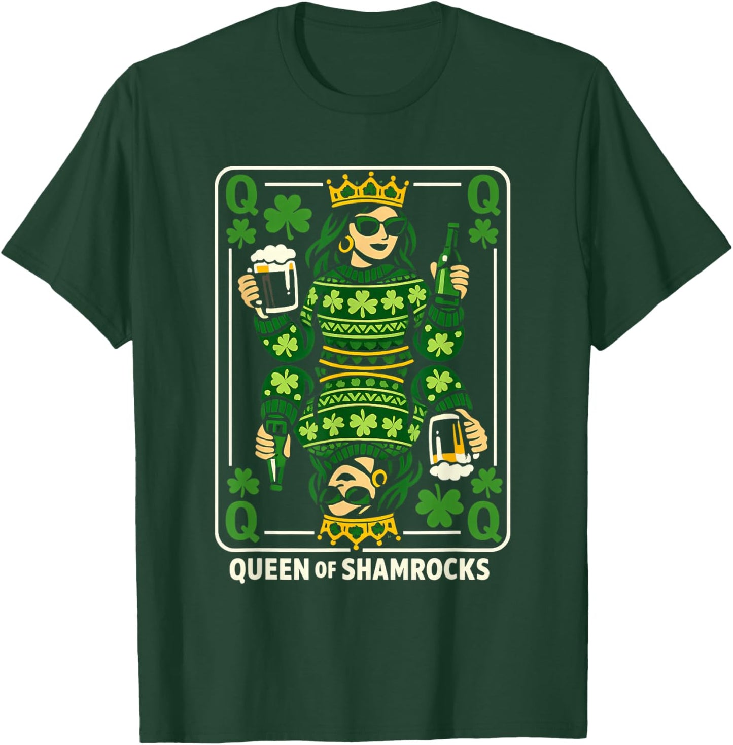 Queen of Shamrocks Shirt St Patrick’s Day Queen Playing Card T-Shirt - T-Shirt | Forest