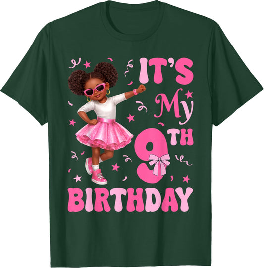 9 Years Old Kids Afro Black Girl It's My 9th Birthday Kid T-Shirt - T-Shirt | Forest