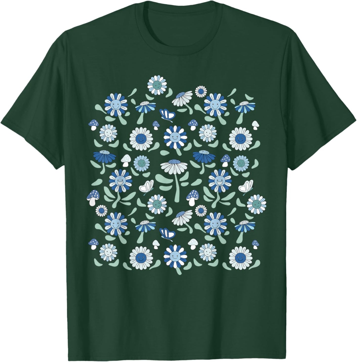 Flowers Butterflies & Mushrooms Retro Light Blue Aesthetic T-Shirt - T-Shirt | Forest