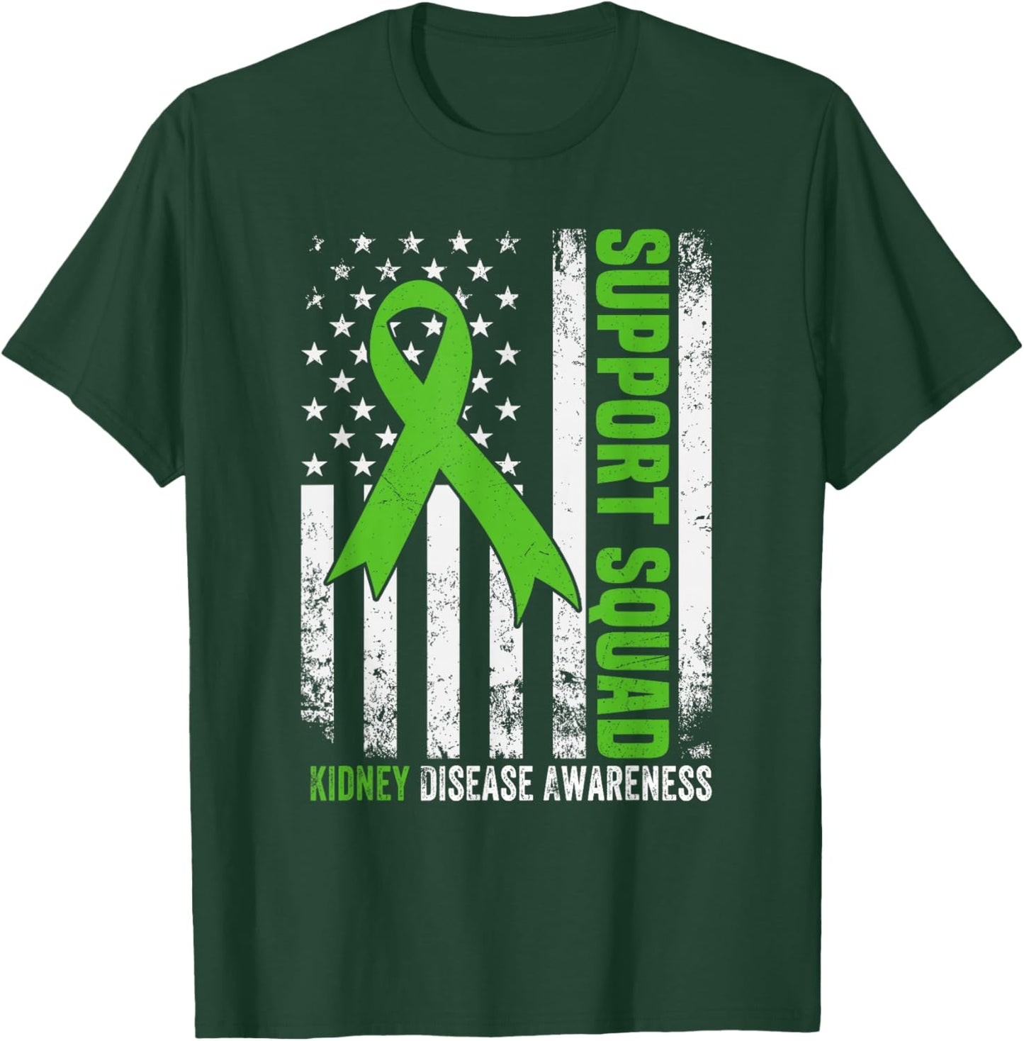 Support Squad American Flag Green Ribbon USA Kidney Disease T-Shirt - T-Shirt | Forest