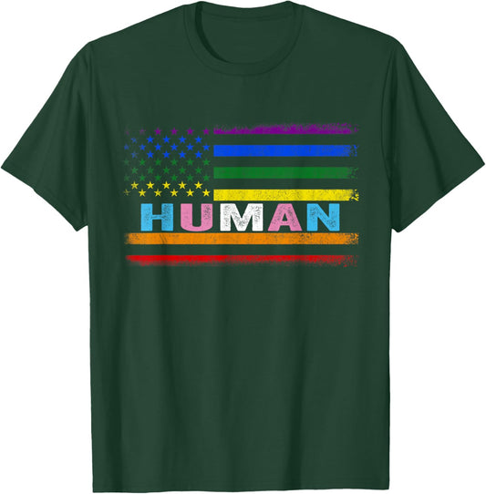 Human LGBT American Flag LGBTQ Rainbow Pride Month Men Women T-Shirt - T-Shirt | Forest