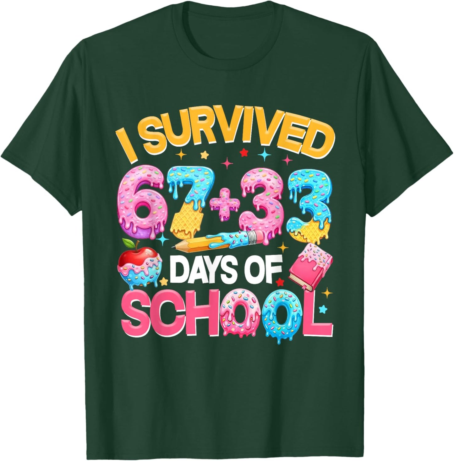 I Survived 67 33 Days of School for Girl Boys Kids 100th Day T-Shirt - T-Shirt | Forest