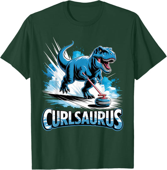 Curling Dinosaur Ice Curling Player T-Rex Dino Funny Curling T-Shirt - T-Shirt | Forest