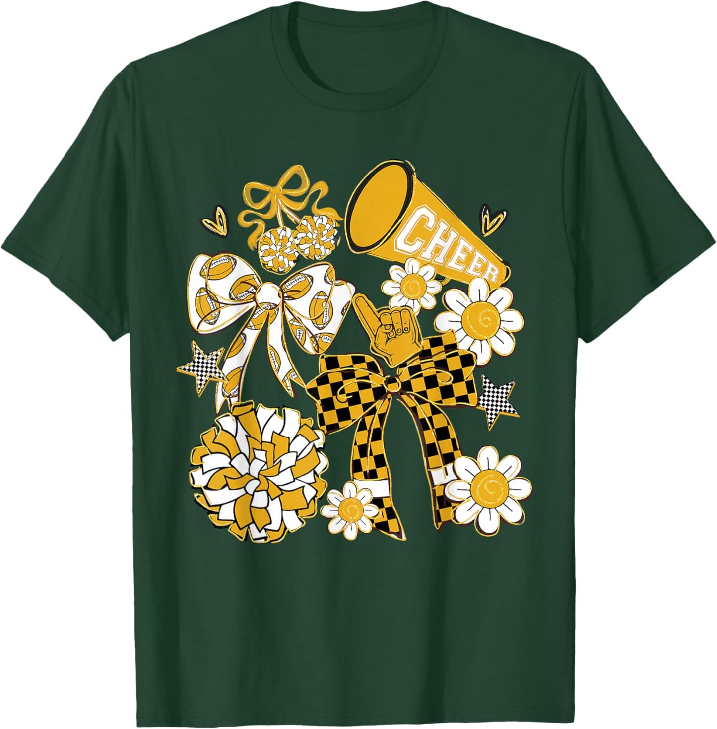 Coquette Bow Football Gold Black Game Cheer Mom Touchdown T-Shirt - T-Shirt | Forest