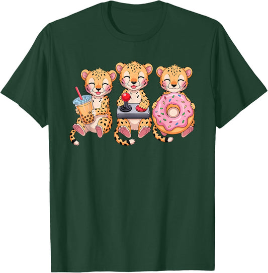Kawaii Cheetahs Milk Tea Video Game Gamer Donut Cheetah T-Shirt - T-Shirt | Forest