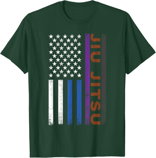 Jiu Jitsu American Flag USA Jiu Jitsu Belts T-Shirt - T-Shirt | Forest