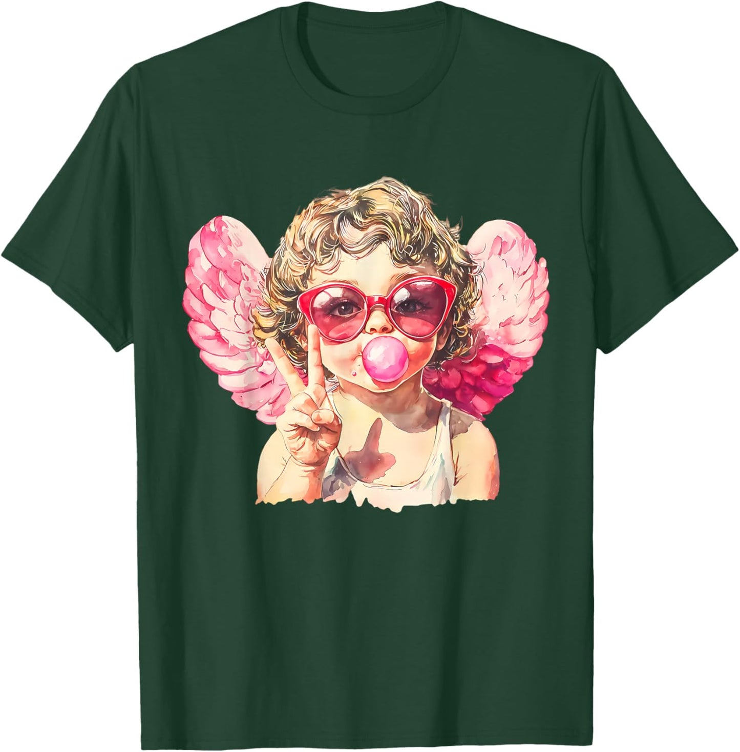 Pink Funny Sunglasses Cupid Blowing Bubble Gum Valentines T-Shirt - T-Shirt | Forest