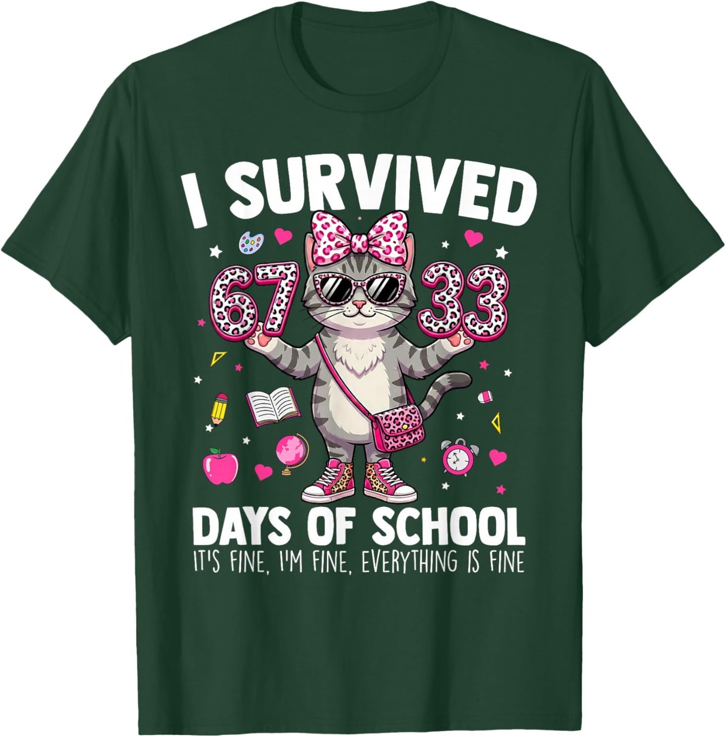 I Survived 67 33 Days of School Teacher Kids Girls 100th Day T-Shirt - T-Shirt | Forest