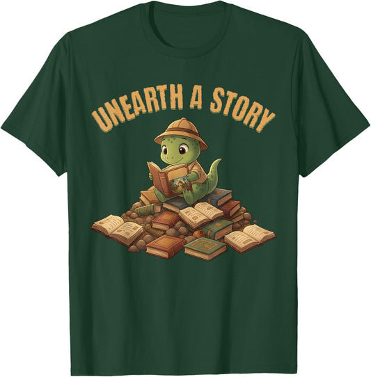 Unearth a Story Dinosaur Reading Books Summer 2026 T-Shirt - T-Shirt | Forest
