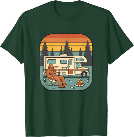 Bigfoot Camping Rv Campfire Forest Sasquatch Outdoors Retro T-Shirt - T-Shirt | Forest