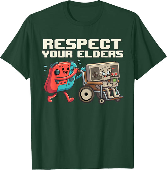 Respect Elders Retro Gaming Funny Gamer Controller 80s T-Shirt - T-Shirt | Forest