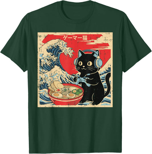 Cat Gaming Ramen Japanese Wave Kawaii Gamer Boys Kids Men T-Shirt - T-Shirt | Forest