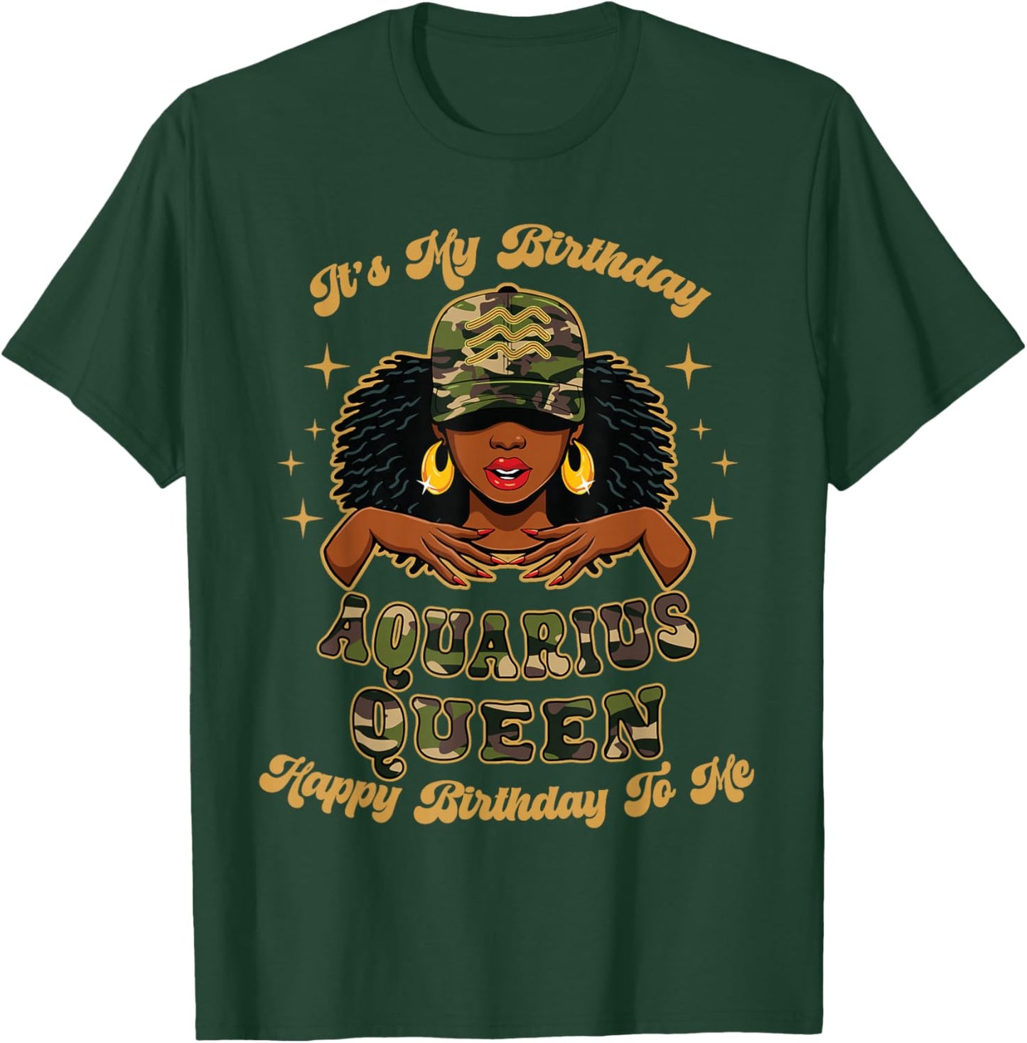 Birthday Aquarius Queen Camo Black Woman African Zodiac Afro T-Shirt - T-Shirt | Forest