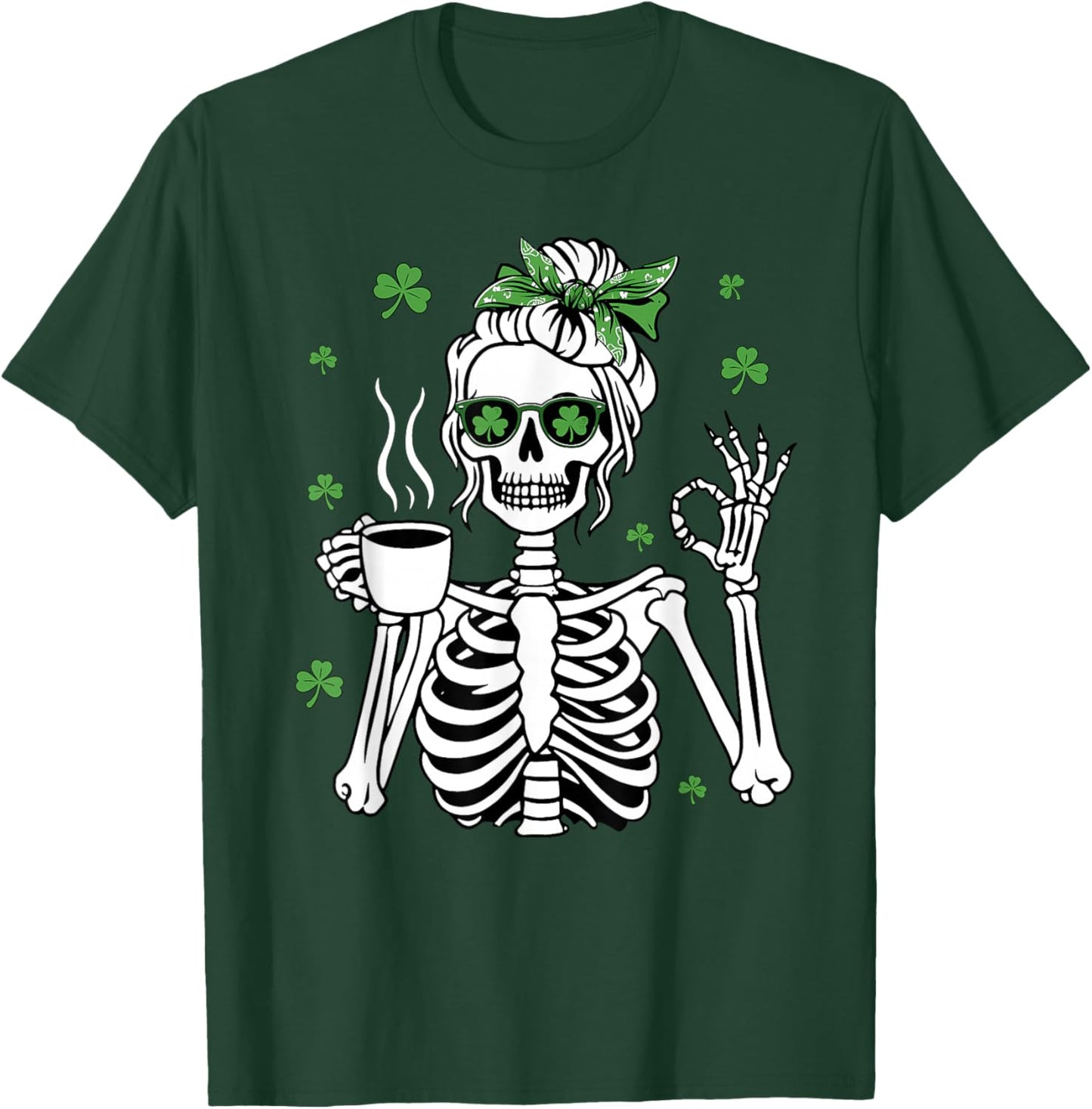 St Patricks Day Skull Messy Bun Peace Women St. Pattys Day T-Shirt - T-Shirt | Forest