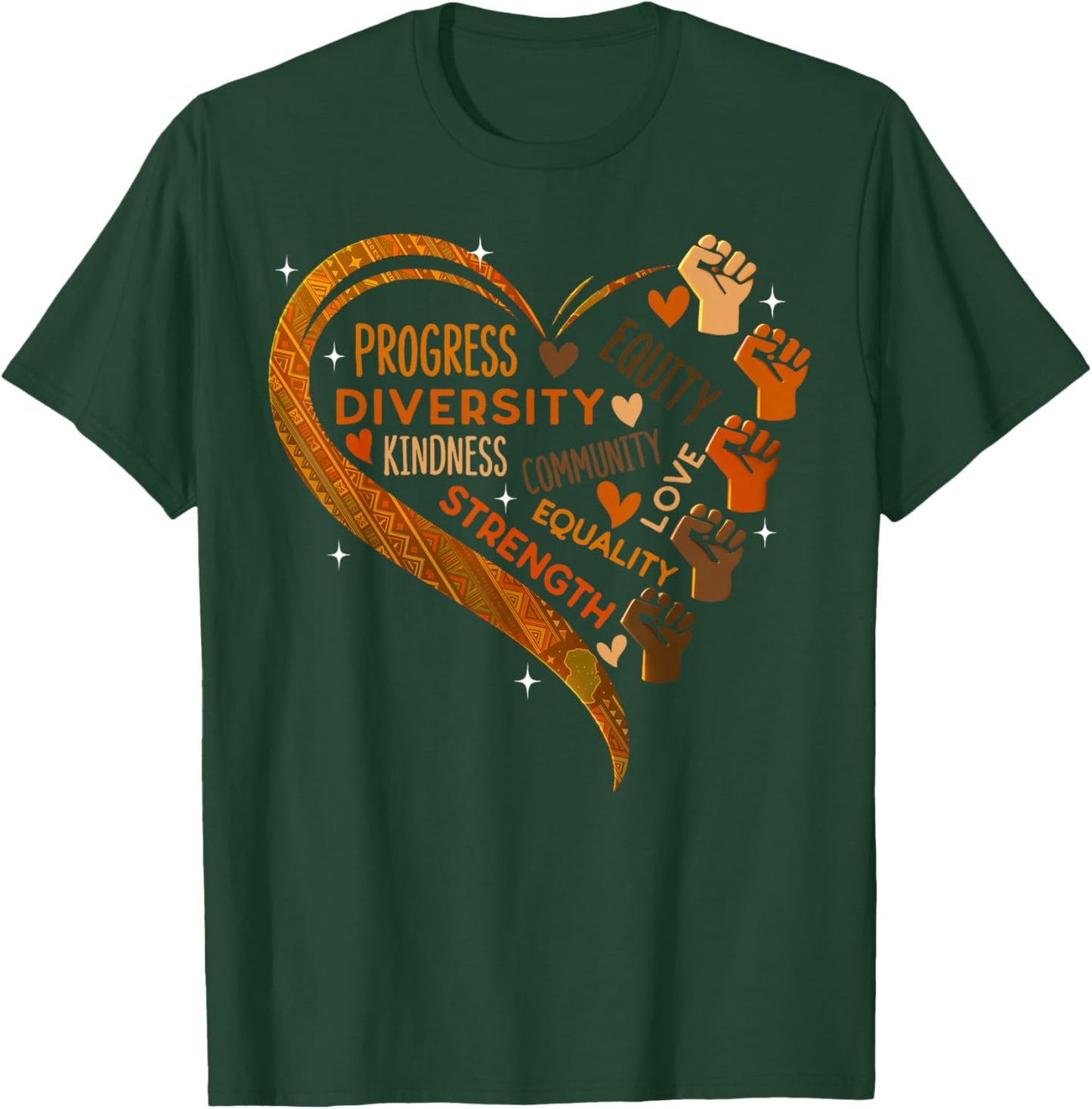 Black History Heart Fists Diversity Equity Melanin African T-Shirt - T-Shirt | Forest
