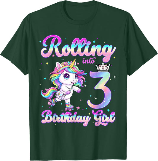 Kids Rolling Into 3 Roller Skating 3rd Birthday Unicorn Girl T-Shirt - T-Shirt | Forest