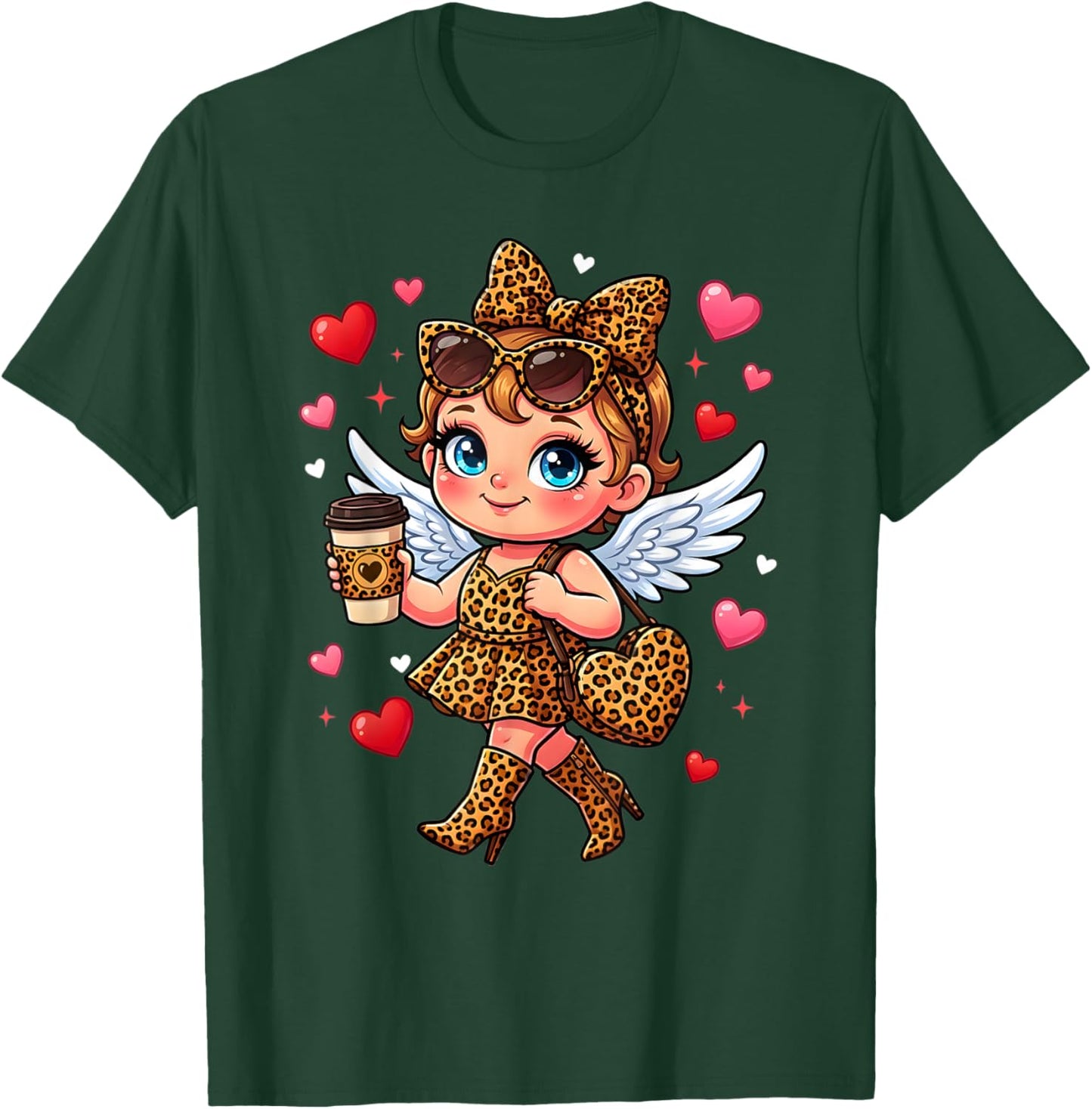 Leopard Cupid Drinking Coffee Valentines Day Women Heart T-Shirt - T-Shirt | Forest