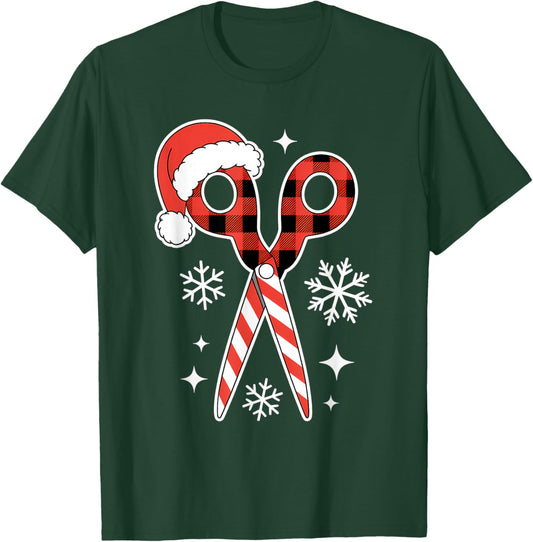 Christmas Buffalo Plaid Scissors with Santa Hat Men Women T-Shirt - T-Shirt | Forest