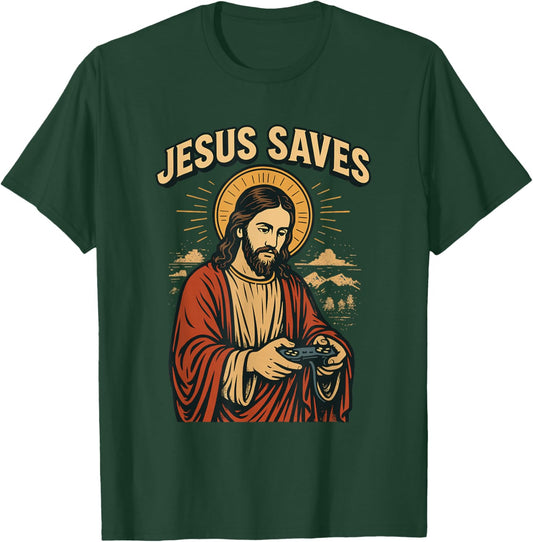 Retro Jesus Gamer Christian Faith Funny Jesus Pun Gaming Fun T-Shirt - T-Shirt | Forest