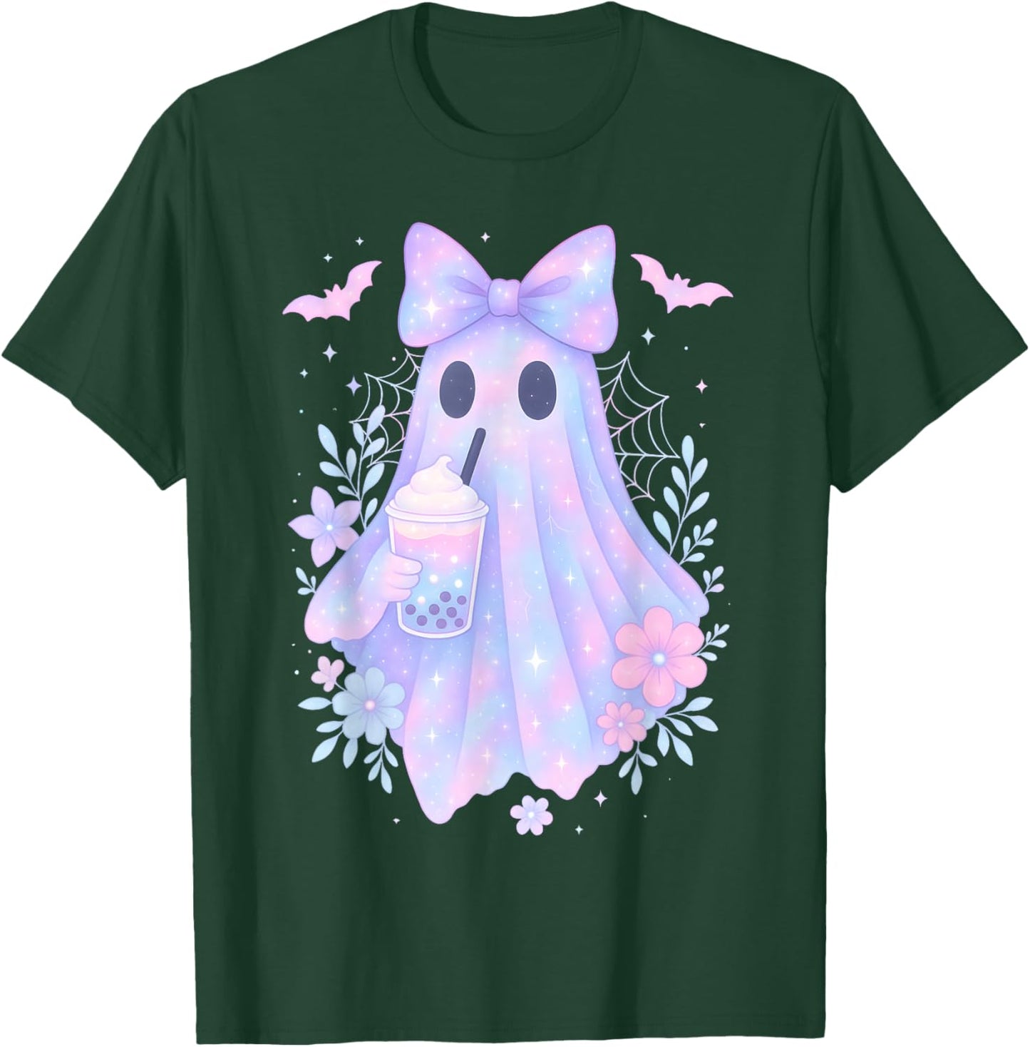 Kawaii Pastel Galaxy Ghost Bubble Tea Halloween Coquette Bow T-Shirt - T-Shirt | Forest