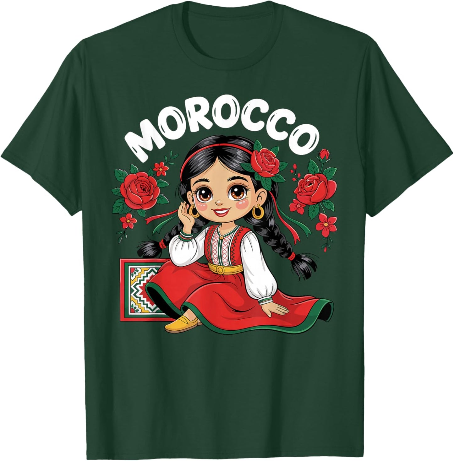 Moroccan Girl in Traditional Dress with Roses & Folk Outfit T-Shirt - T-Shirt | Forest