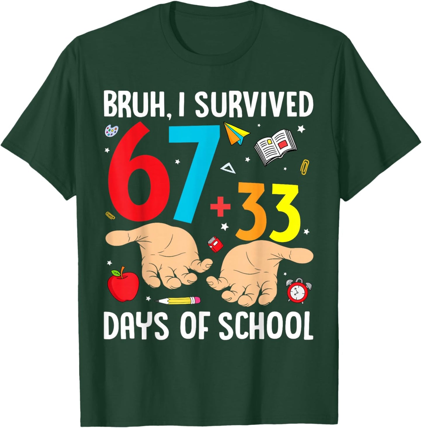 Bruh I Survived 67 33 Days of School Teachers Kids 100th Day T-Shirt - T-Shirt | Forest