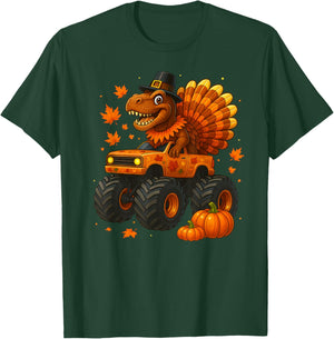 Monster Truck Trex Dinosaur Turkey Fall Thanksgiving Boy Kid T-Shirt - T-Shirt | Forest